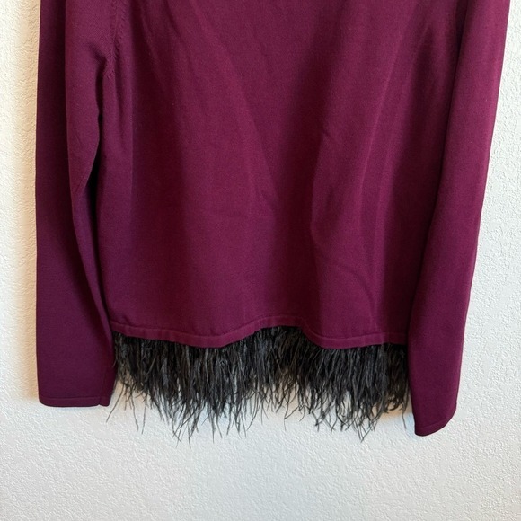 Milly Ostrich Feather Trim Crew Neck Pullover Sweater Burgundy Red Purple L - Picture 7 of 10